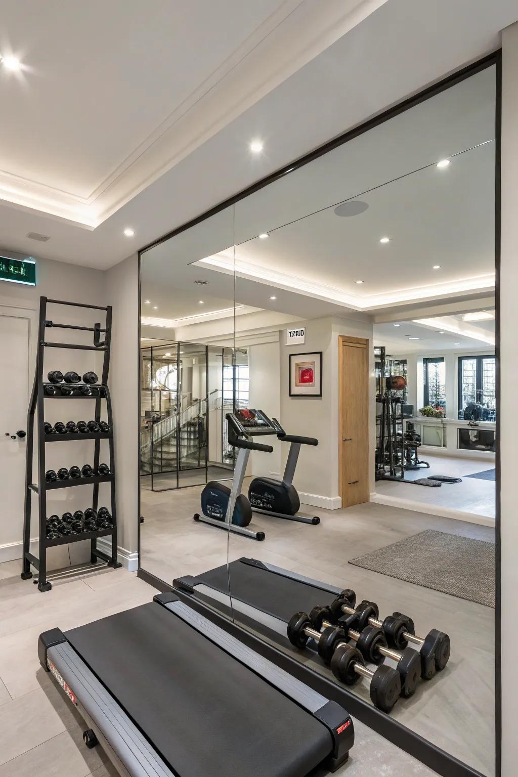 Mirrors enhance both the aesthetics and functionality of a small home gym.