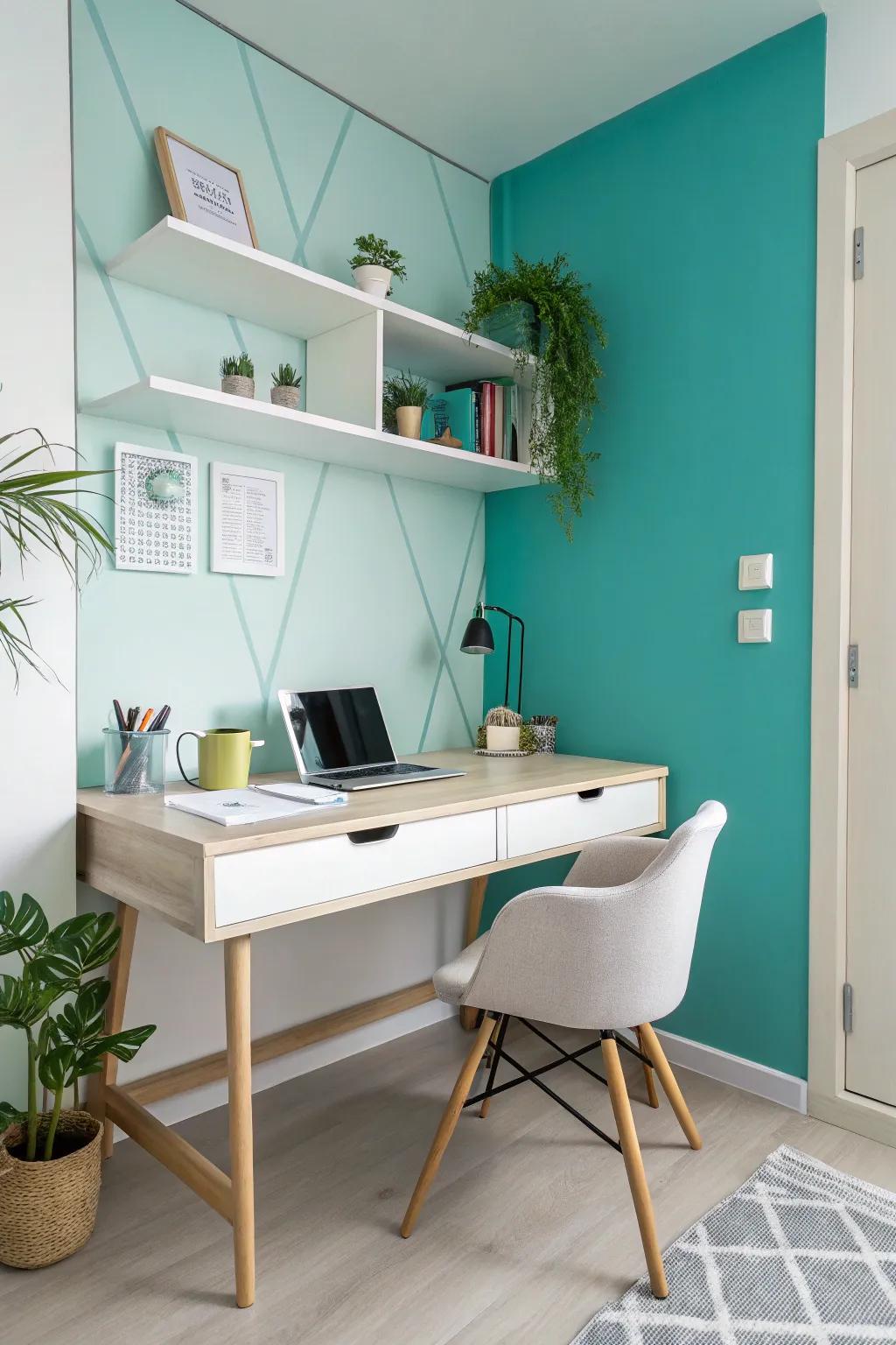 A small office with a vibrant accent wall for a burst of energy.