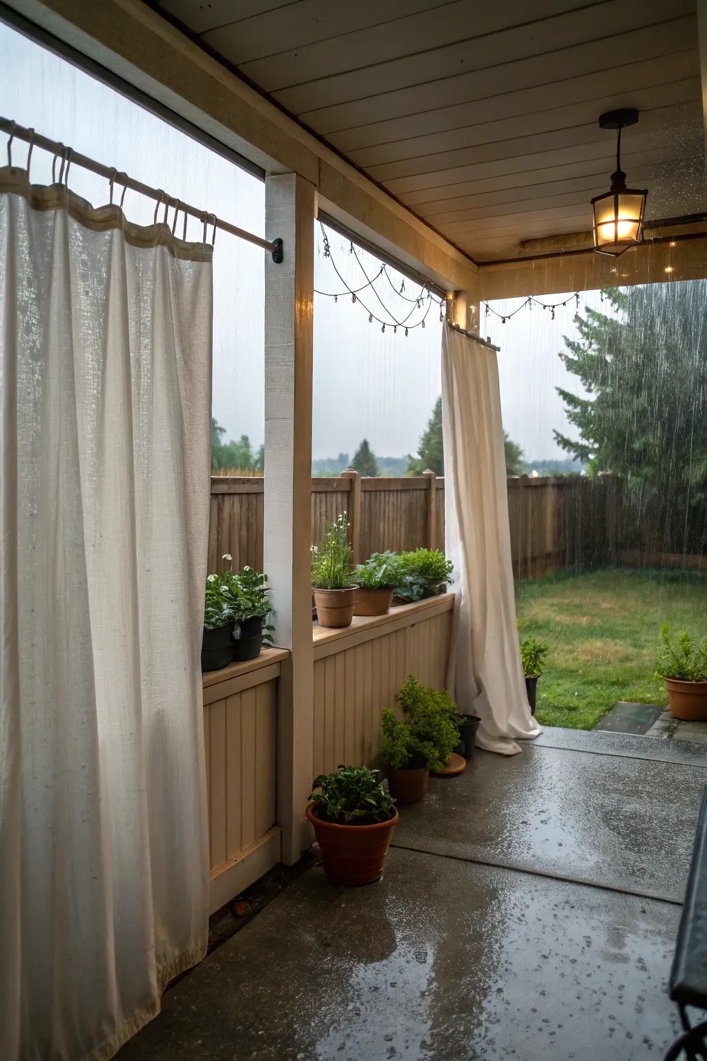 Weather-resistant curtains stand strong against the elements.