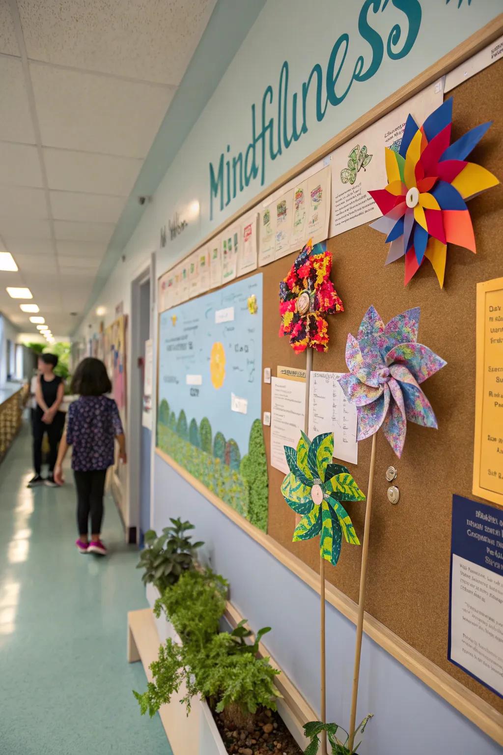 A calming bulletin board with pinwheels and mindfulness tips for a serene environment.