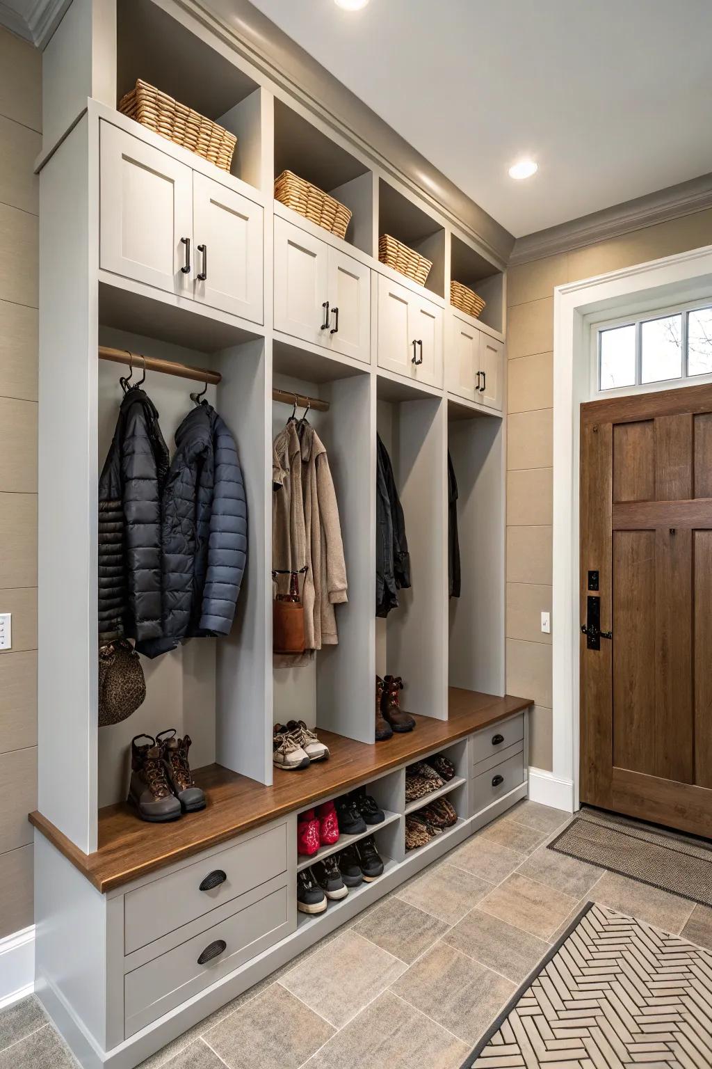 Stylish entryway with lockers and hooks for organized storage.