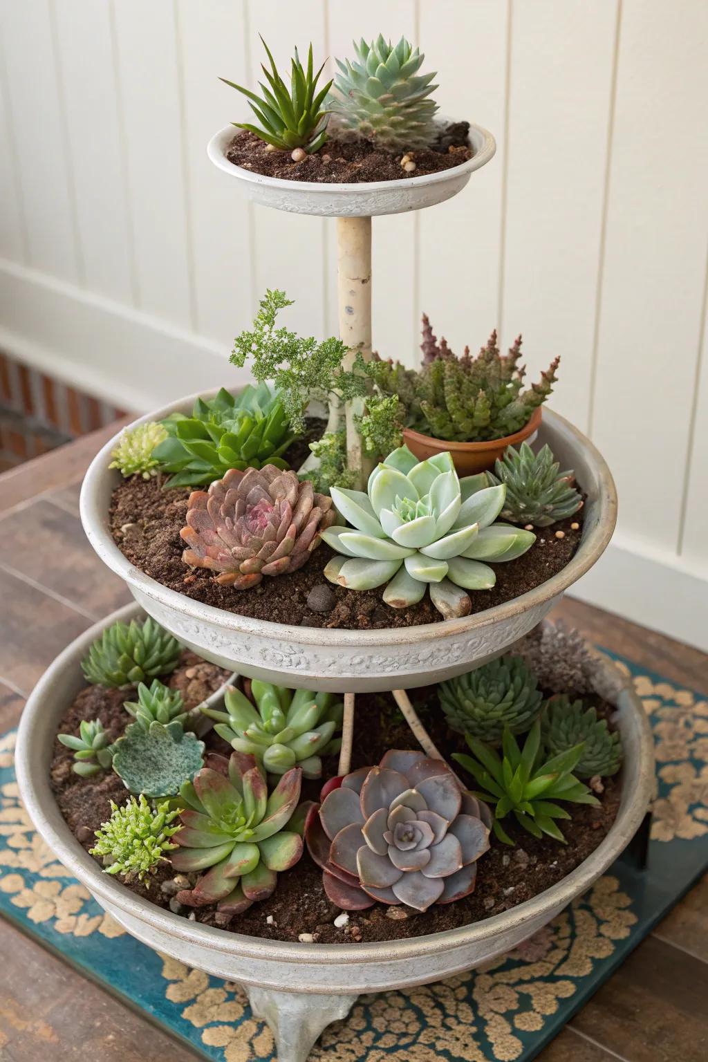 A layered succulent garden with plants of varying heights.