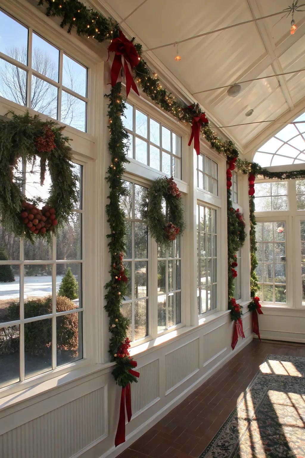 Frame your sunroom with festive wreaths and garlands.