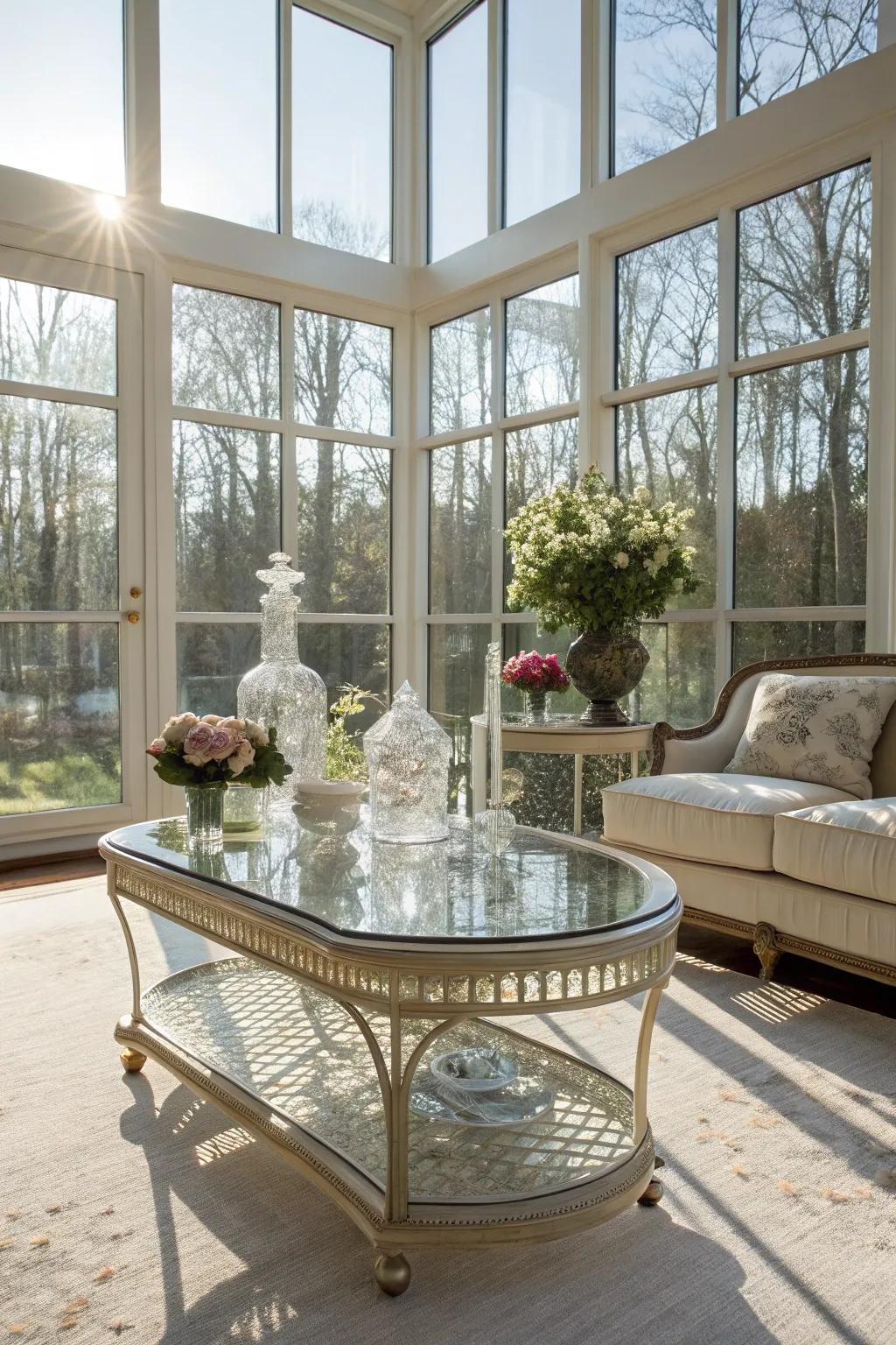 Glass elements add elegance and lightness to the sunroom.