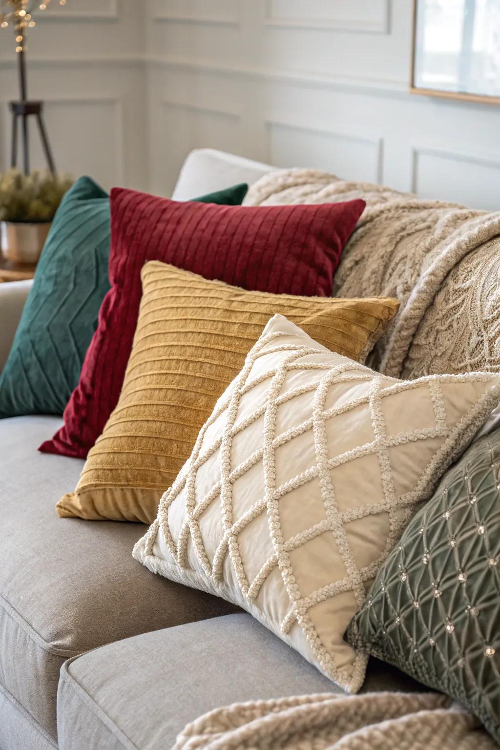 A tactile delight featuring velvet, linen, and knit pillows, enhancing the depth of the décor.