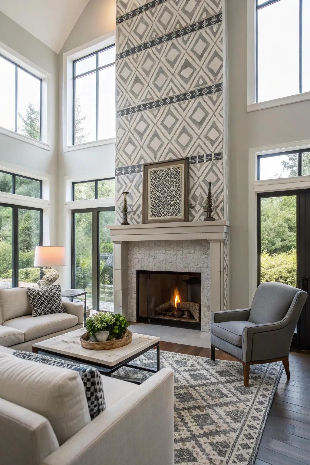 Geometric cladding introduces a contemporary spin to this modern fireplace.