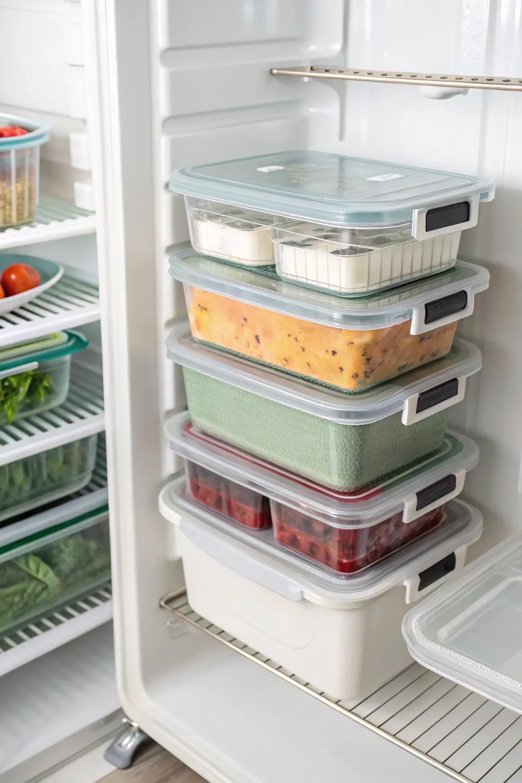 Stackable containers inside a top freezer, displaying optimal use of vertical storage space.