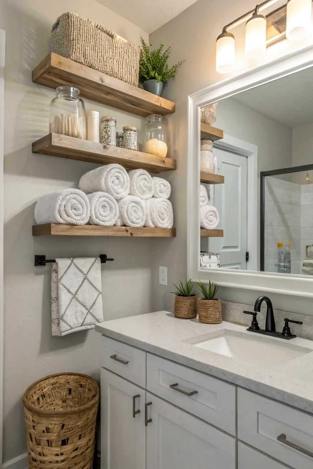 Floating shelves offer a modern way to store and display towels.