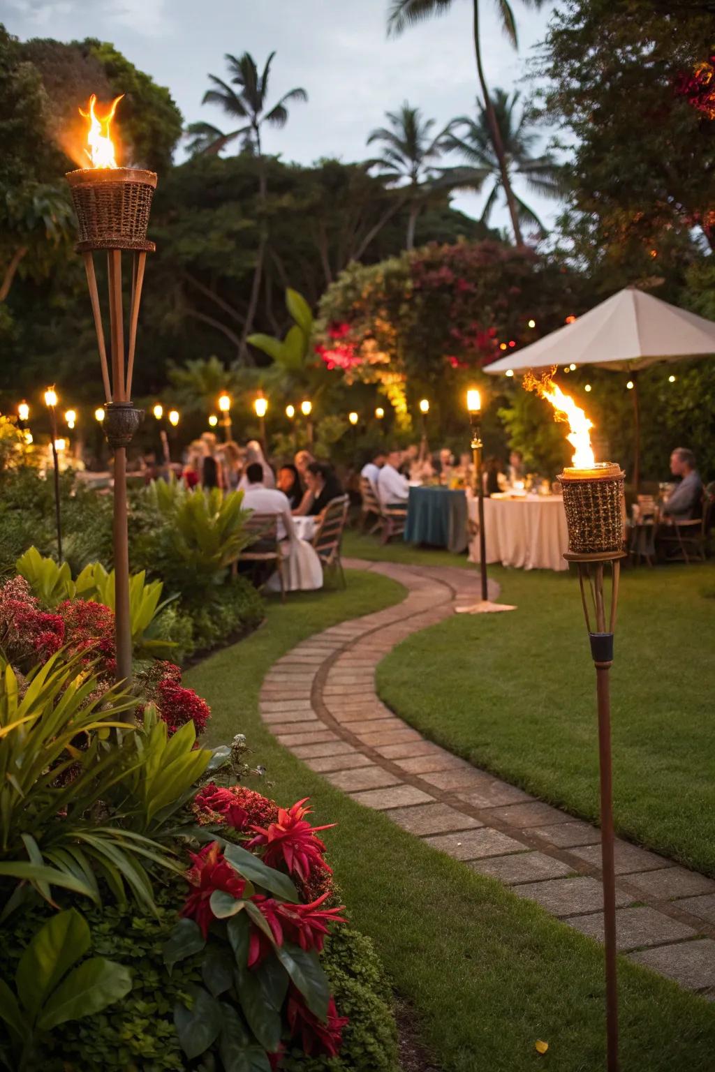 Tiki flares illuminate the tropical twilight landscape.