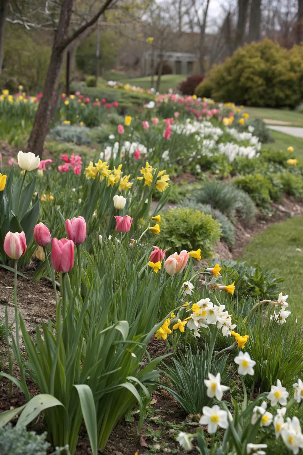 Depth and color: Tulips in a mixed plant bed.