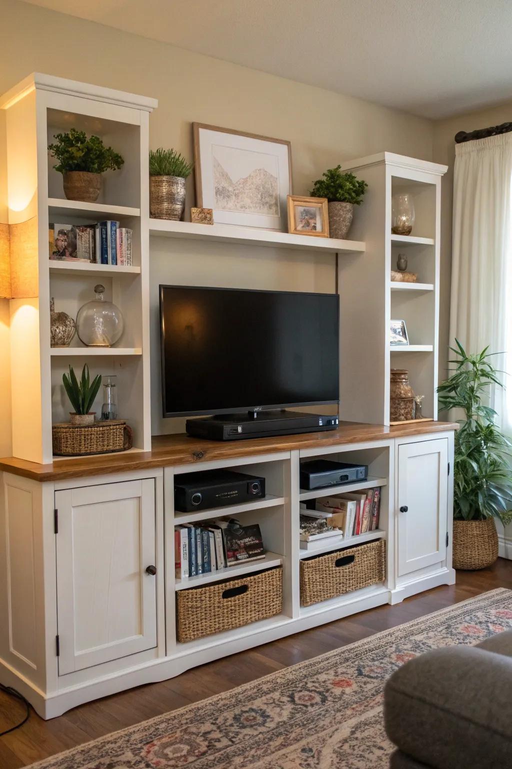 The ideal balance of open and closed storage for an organized TV area.