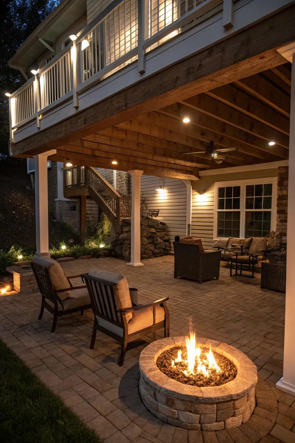 A cozy under deck area with a central fire pit and inviting seating.