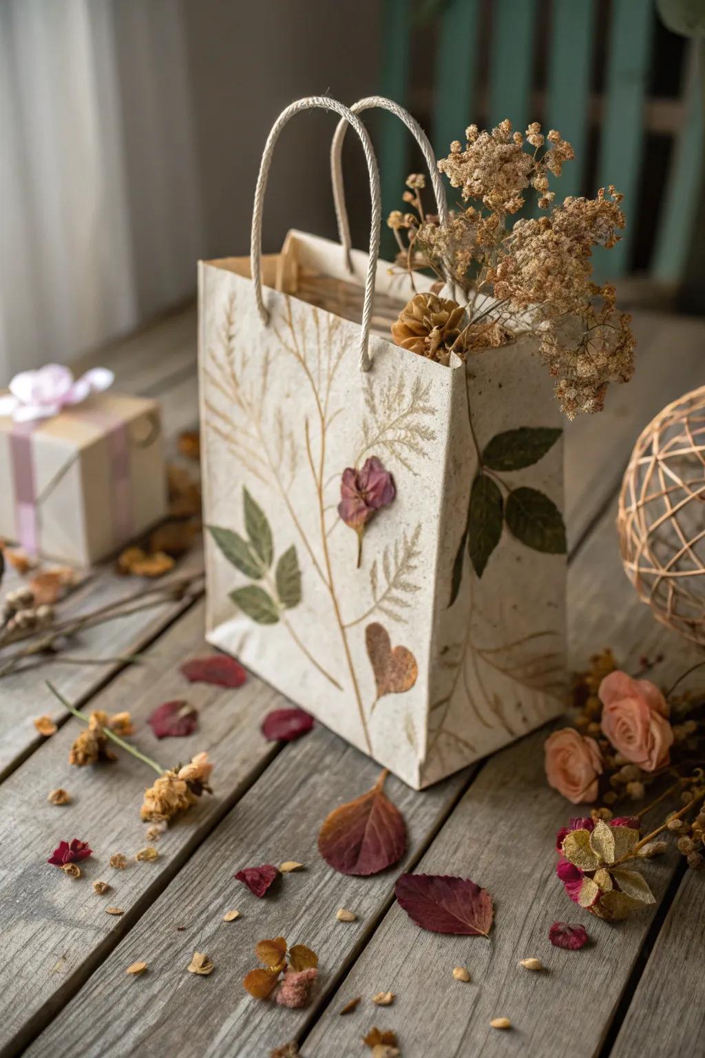 Nature-inspired gift bag with dried floral decorations.