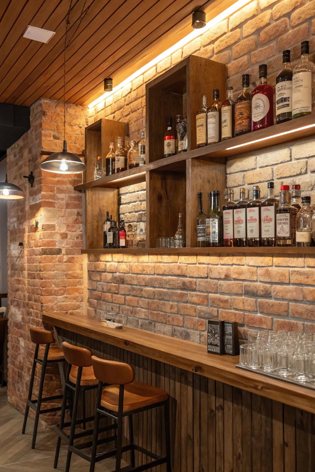 Brick backgrounds offer a rustic elegance that enhances any wall bar.