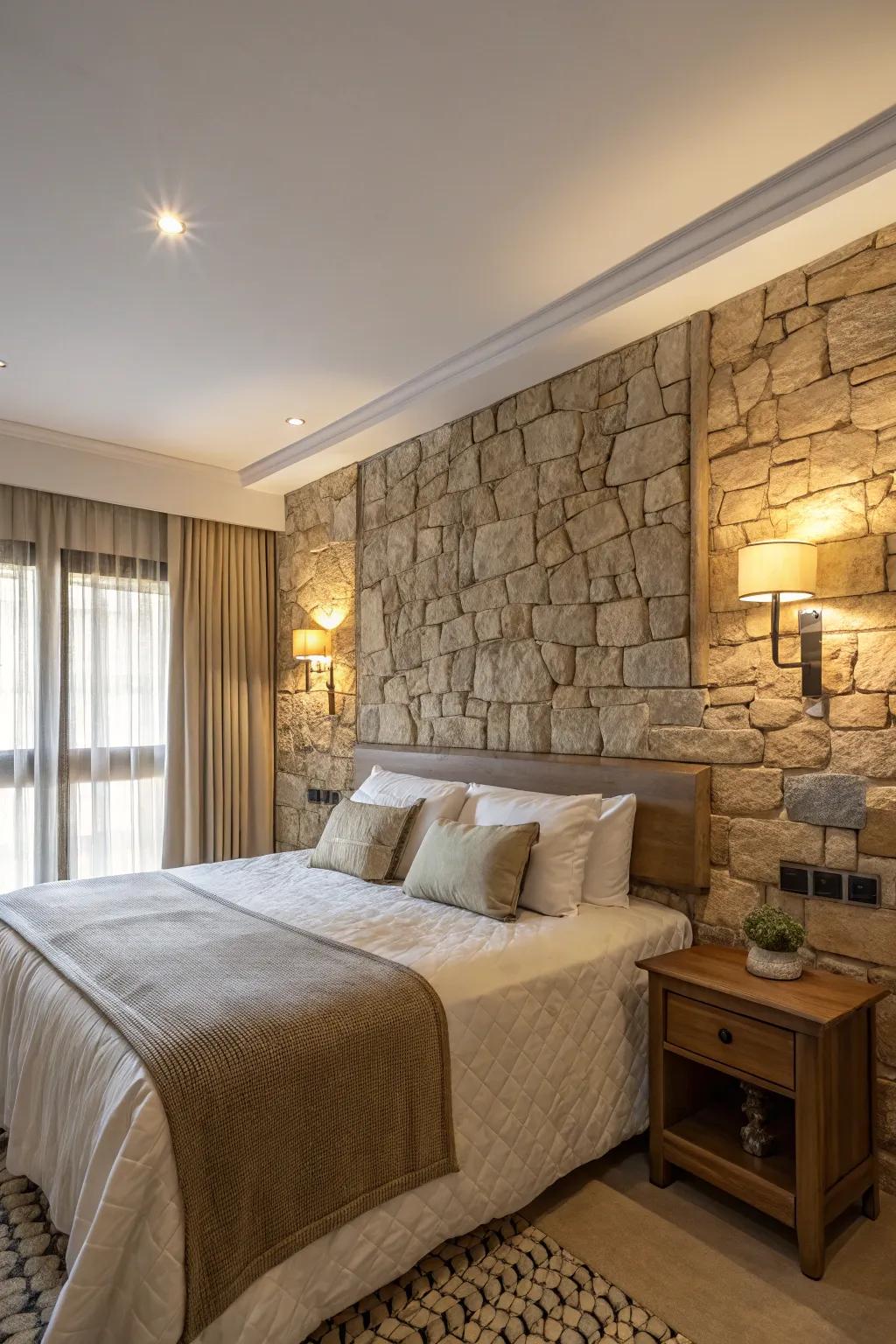 Stone textures create a bold and natural ambiance in your bedroom.