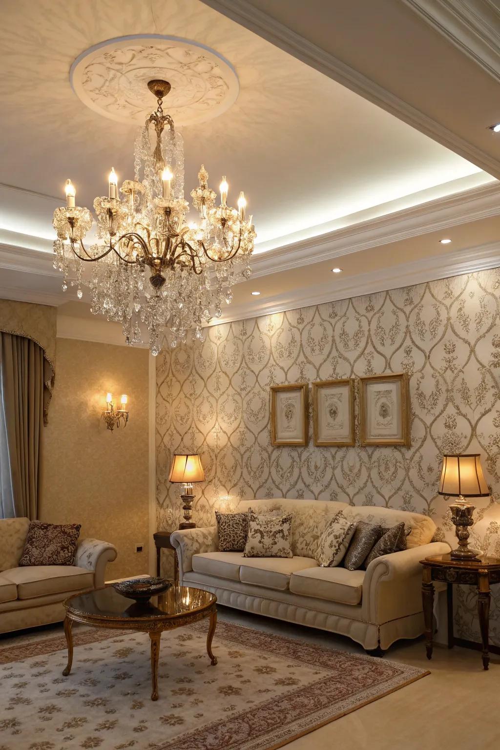 Highlight your wallpaper with elegant lighting for a luxurious feel.