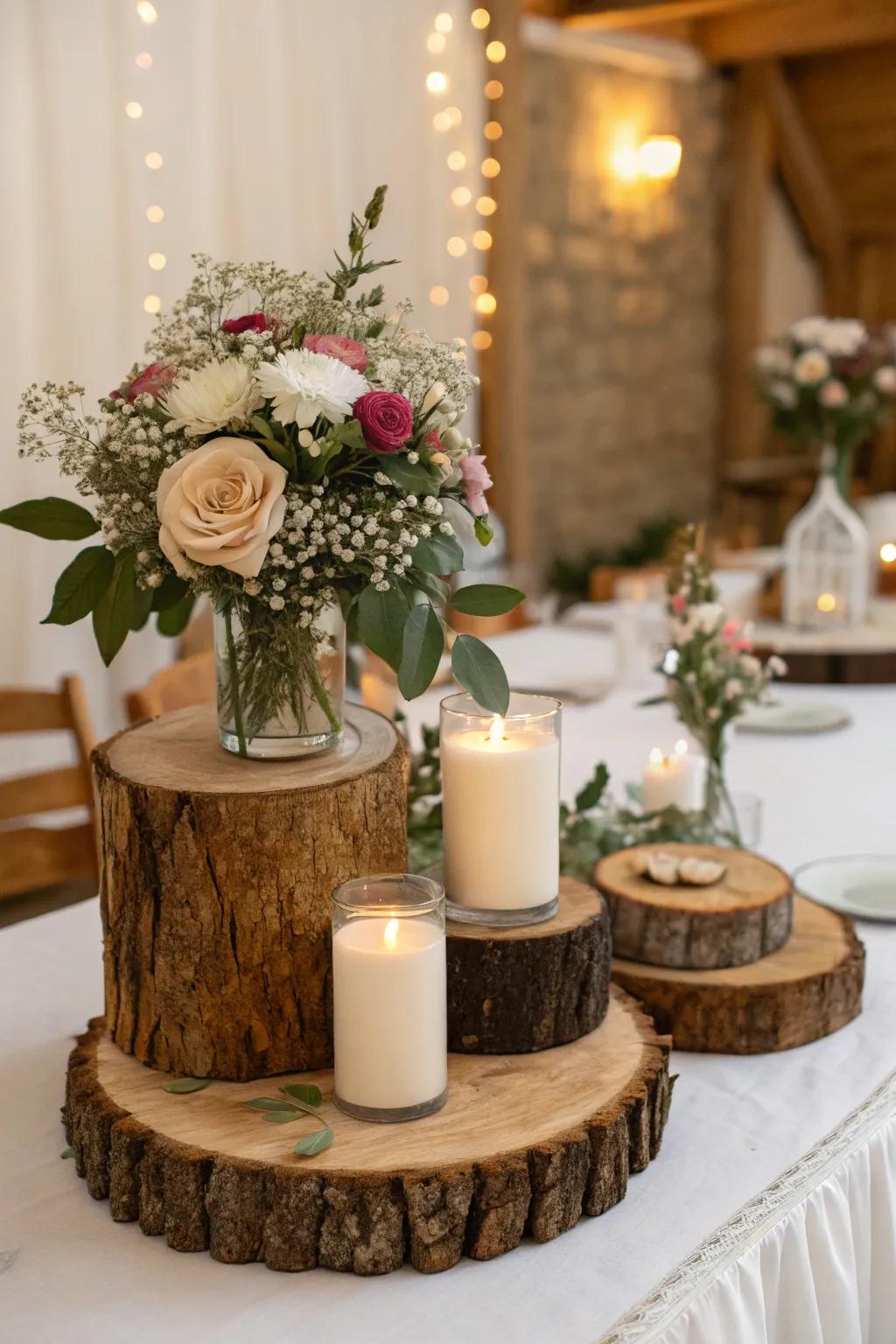 Rustic wood elements add charm to wedding decor.