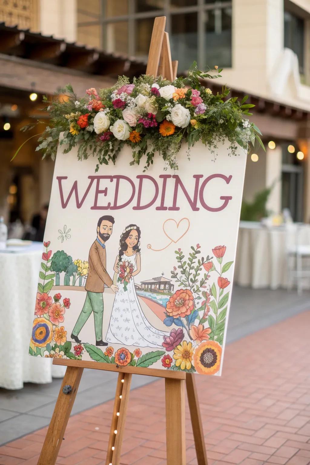 An illustrated portrait sign is a unique and personal wedding memento.