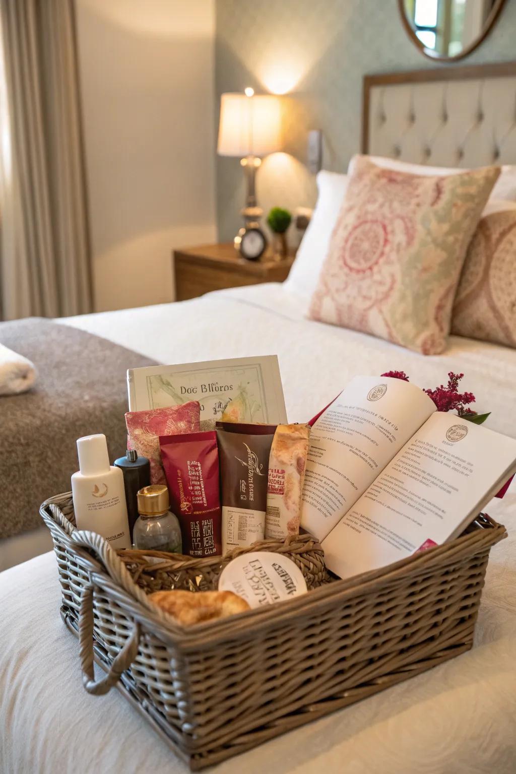 A personalized gift basket brings a touch of luxury to your bedroom.