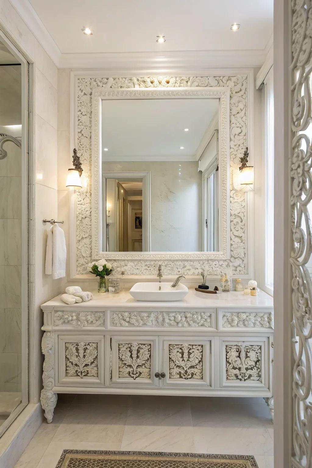 A strategically placed mirror enhances the spacious feel of this white bathroom.