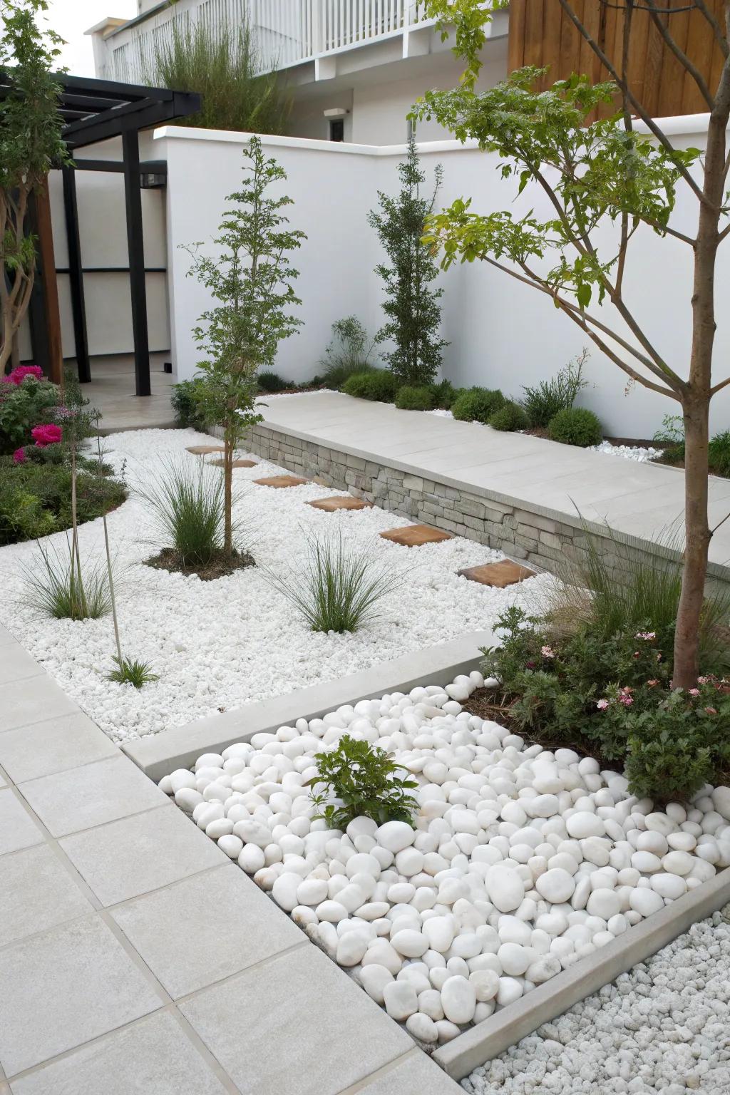 White pebbles impart a current and minimalist garden detail.