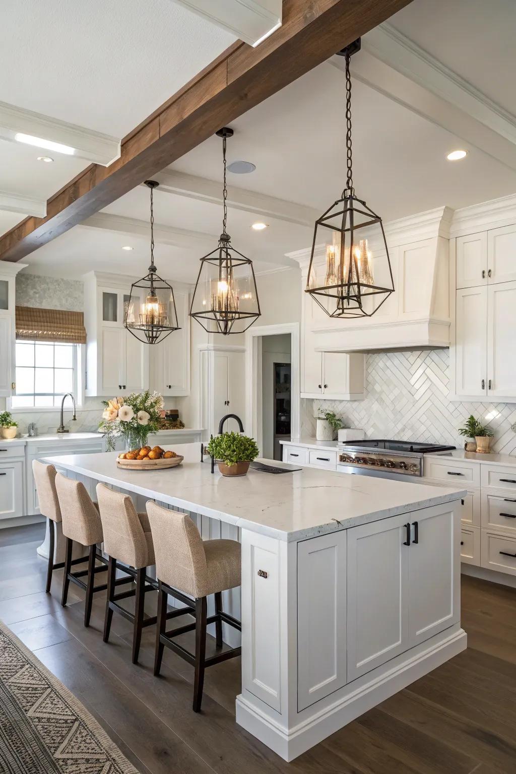 Pendant lights enhance the aesthetic of a white kitchen.