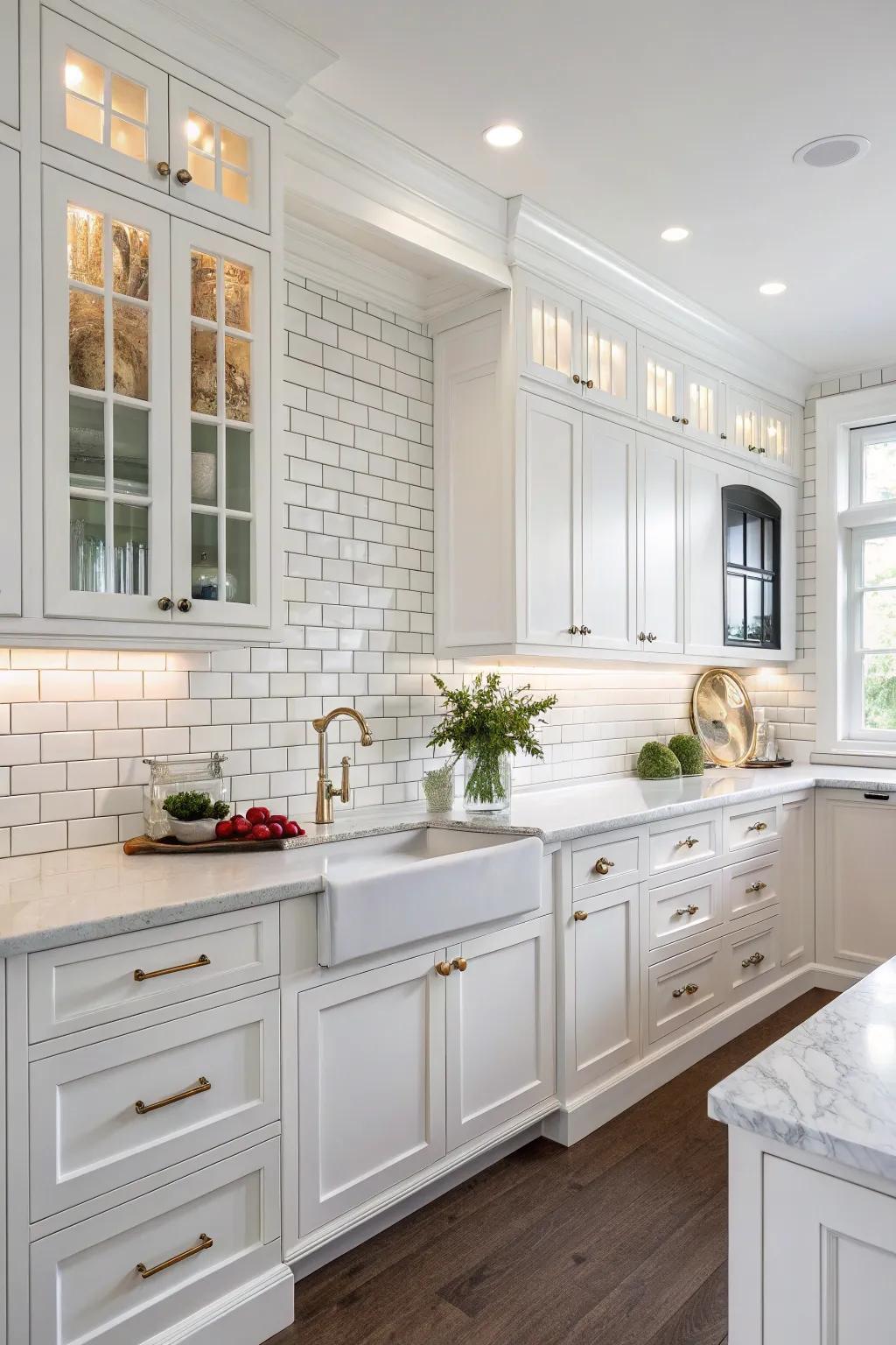 Brick-style tile splashback adds texture to the polished white kitchen.