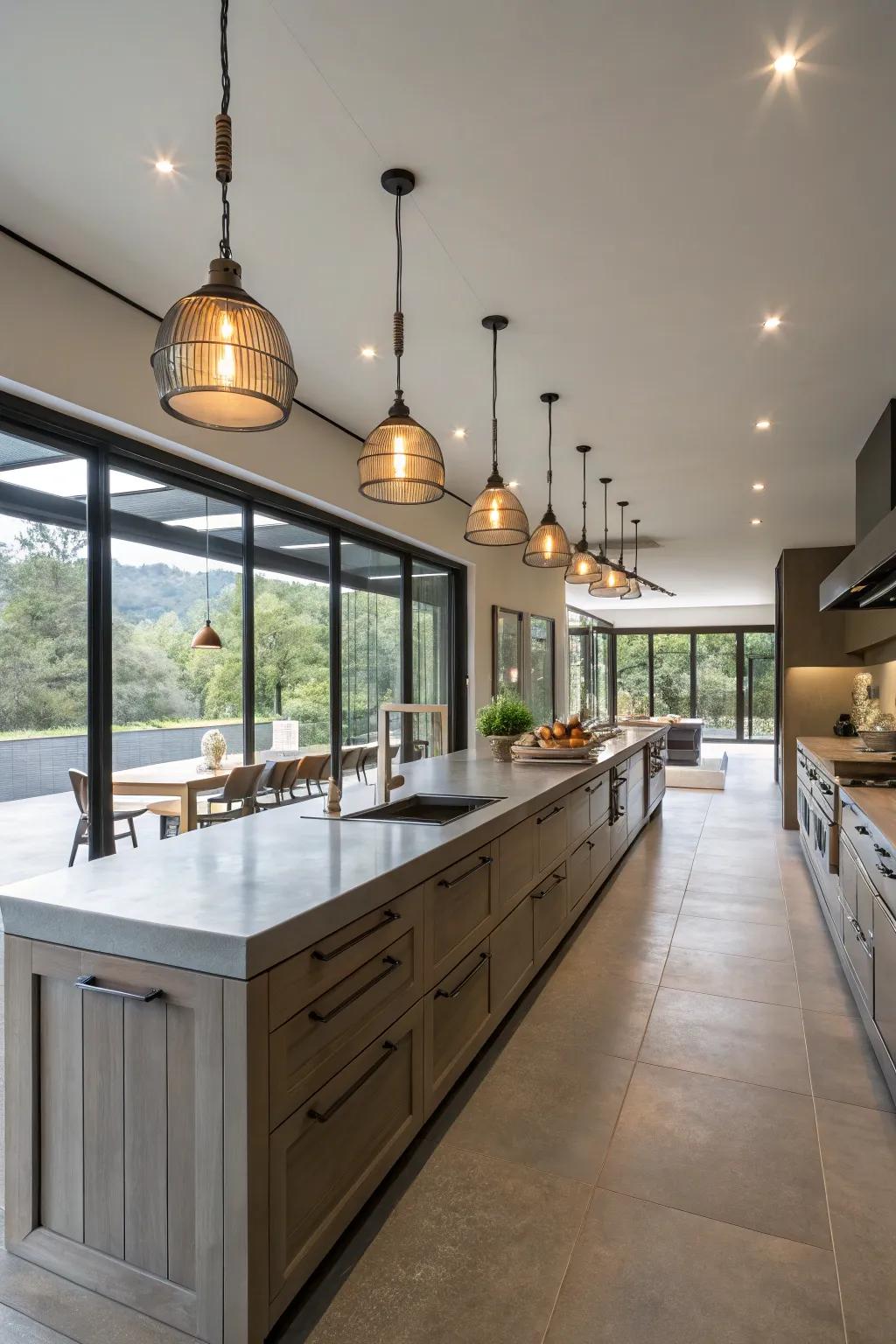 Statement lighting adding elegance to a wide galley kitchen.