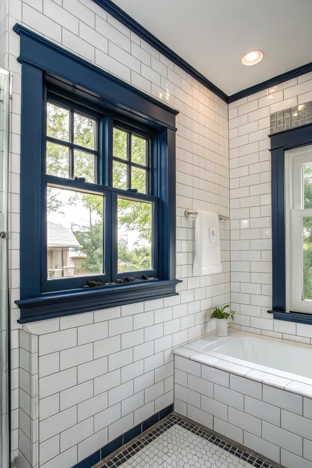 Navy trim infuses a nautical sensation into a washroom.