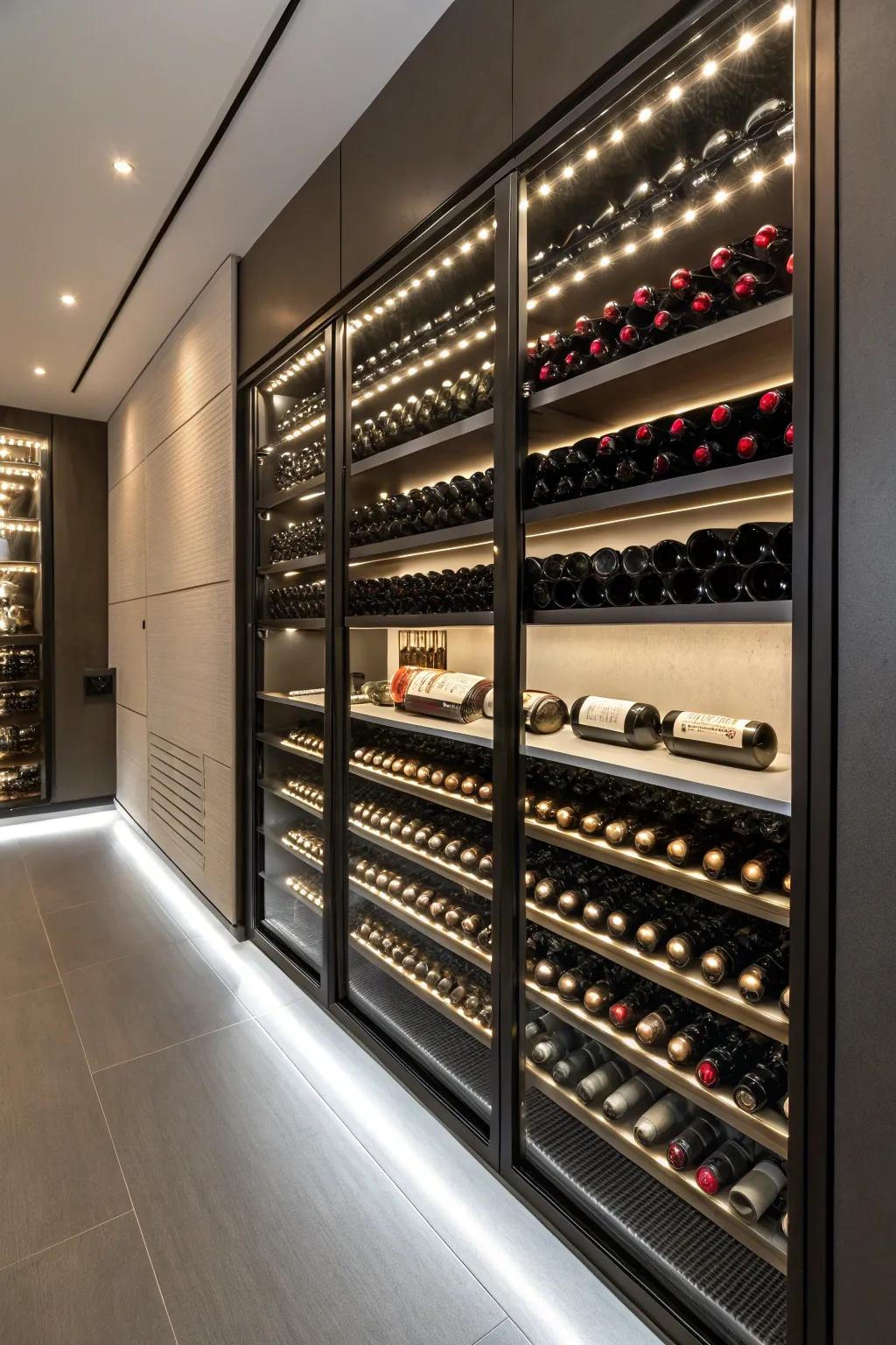 Modern LED strip lights outlining wine shelves for a sleek appearance.