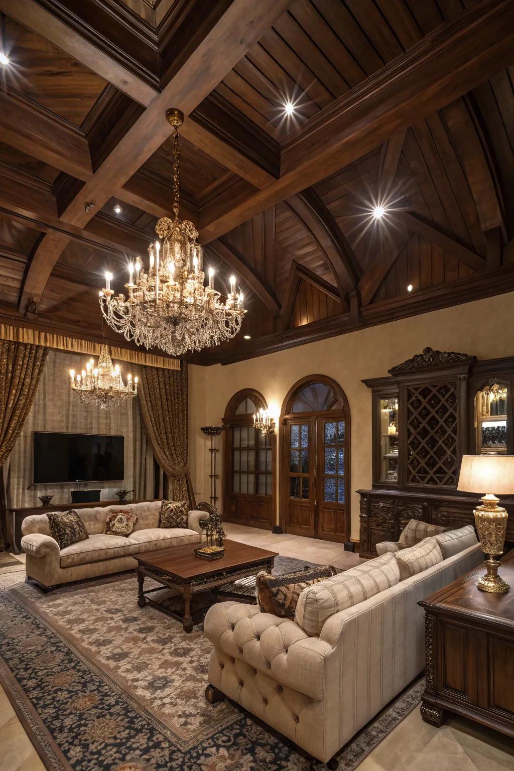 Dark wood ceilings add drama and warmth.