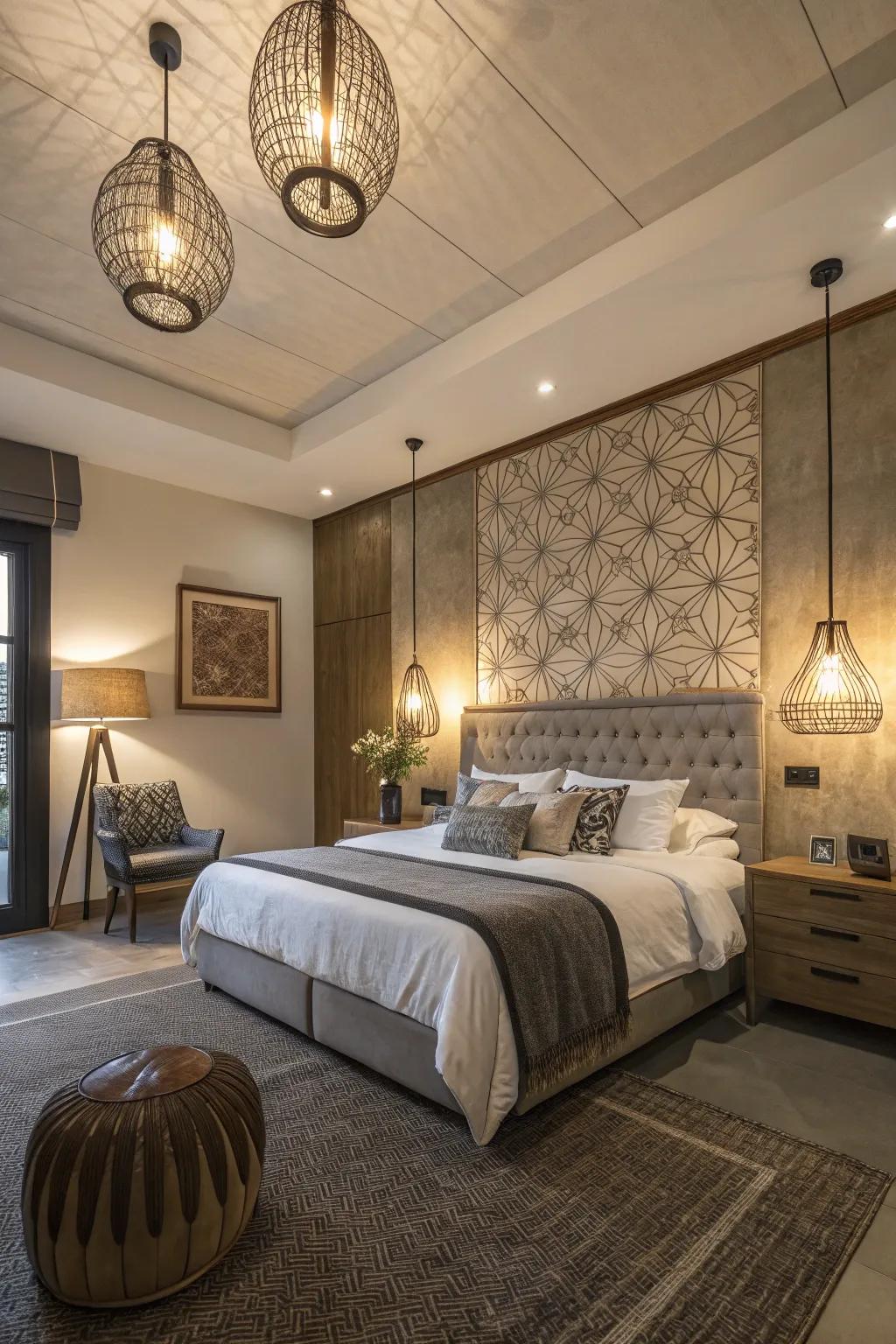 Pendant lights highlight the accent wall, adding warmth and focus to the bedroom.