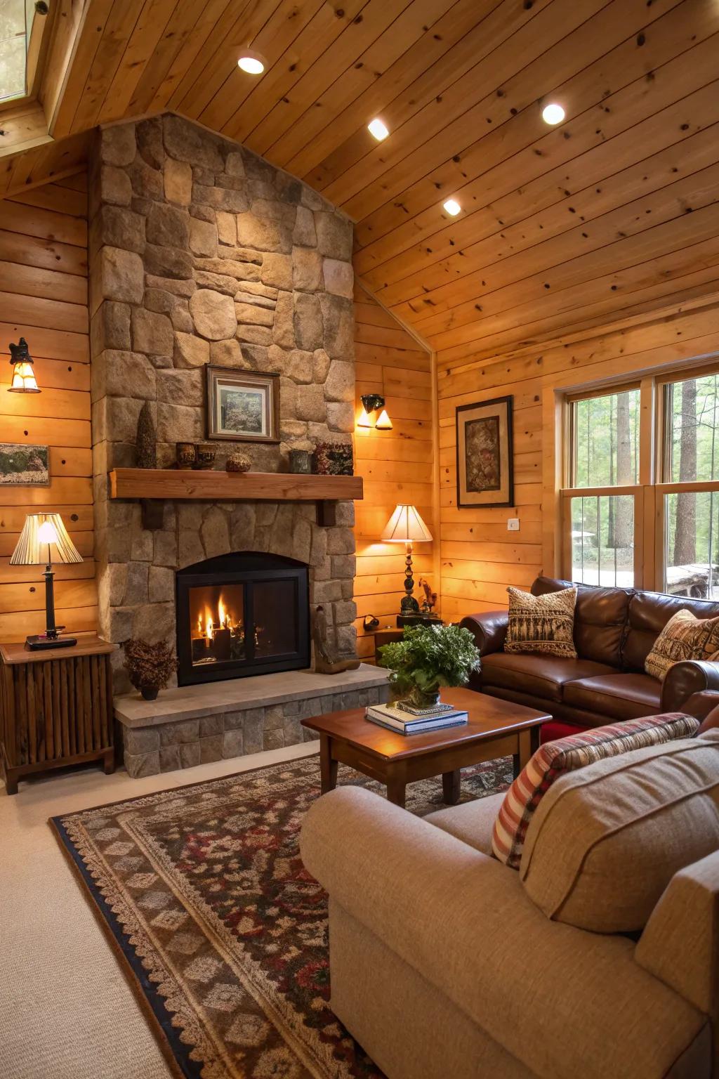 Rustic wood panels add warmth and charm.