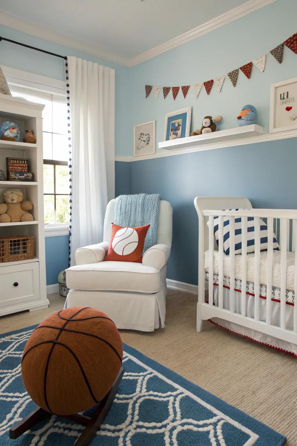 A calming palette accented by energetic touches fashions a well-balanced nursery setting.