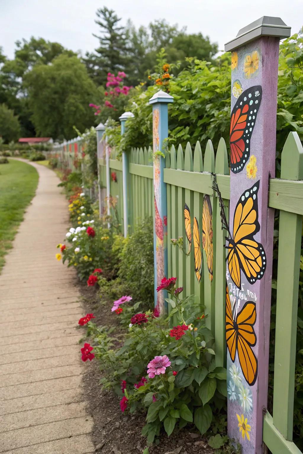 Butterflies amidst flowers contribute whimsy to your backyard fence.