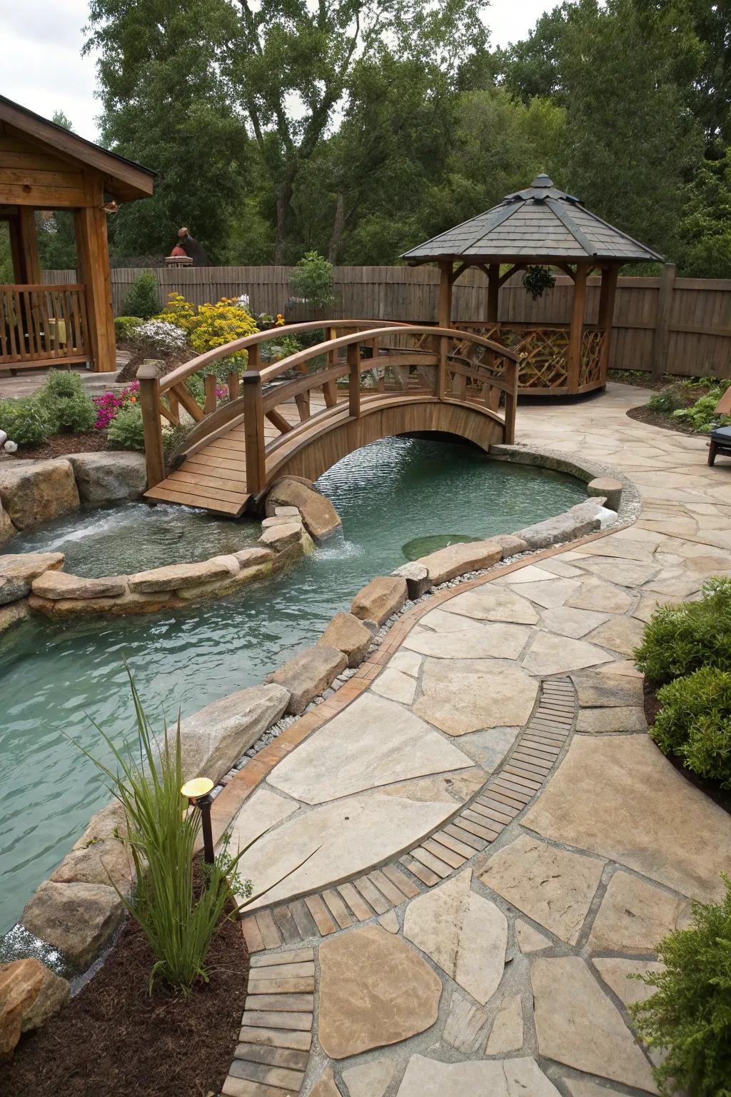 An inviting bridge over a lazy river pool, adding charm and access.