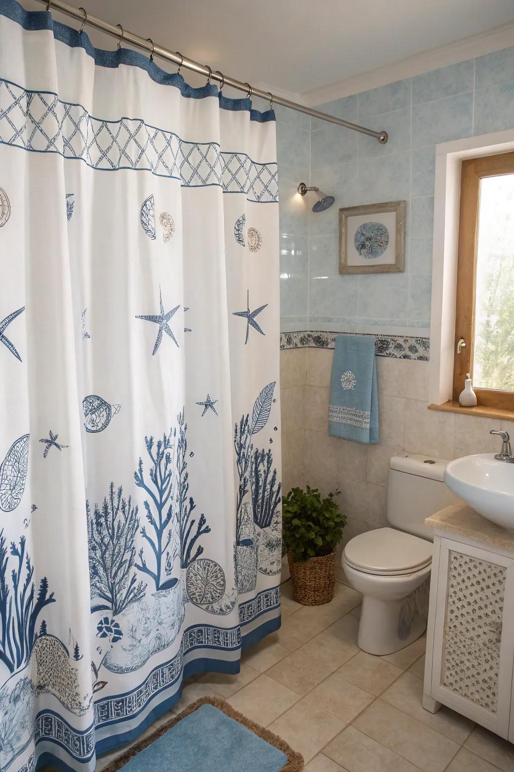 Coastal-themed curtains bring a touch of the seaside to your bathroom.