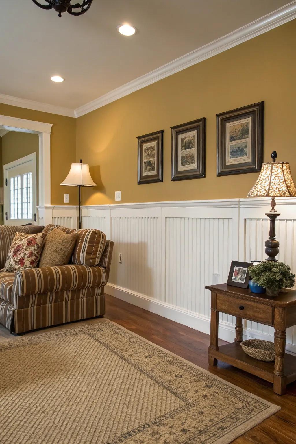 A stylish living room with beadboard wainscoting.