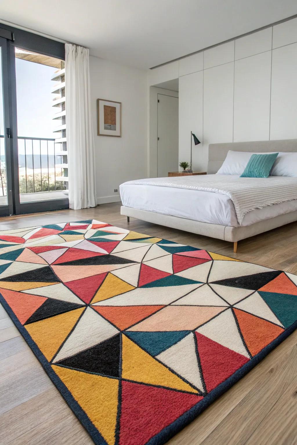 Angular floor coverings bring a modern edge to bedroom design.