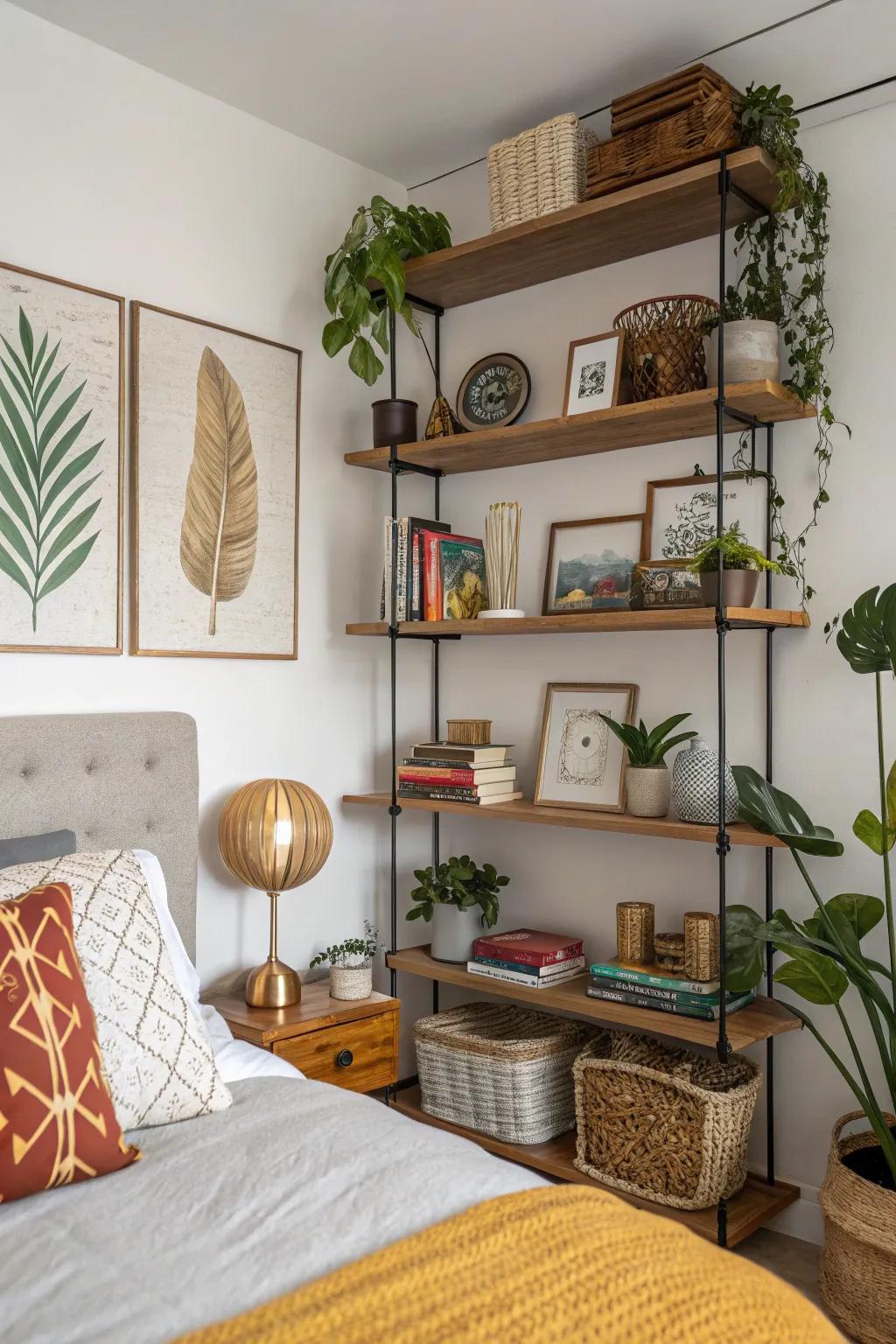 Asymmetrical designs bring a unique flair to bedroom shelving.