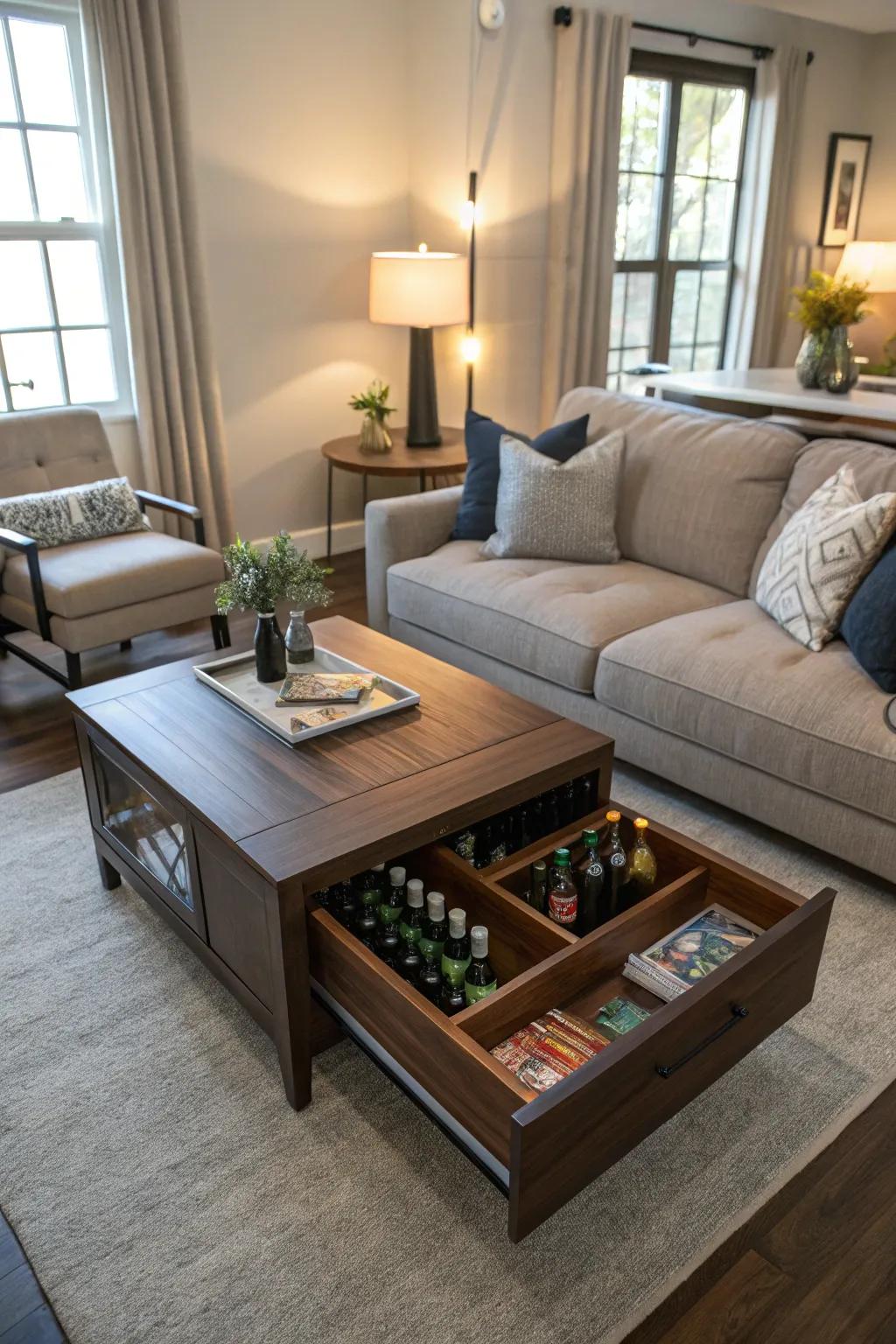 A convertible center table in the living room with concealed beer bottle holding.