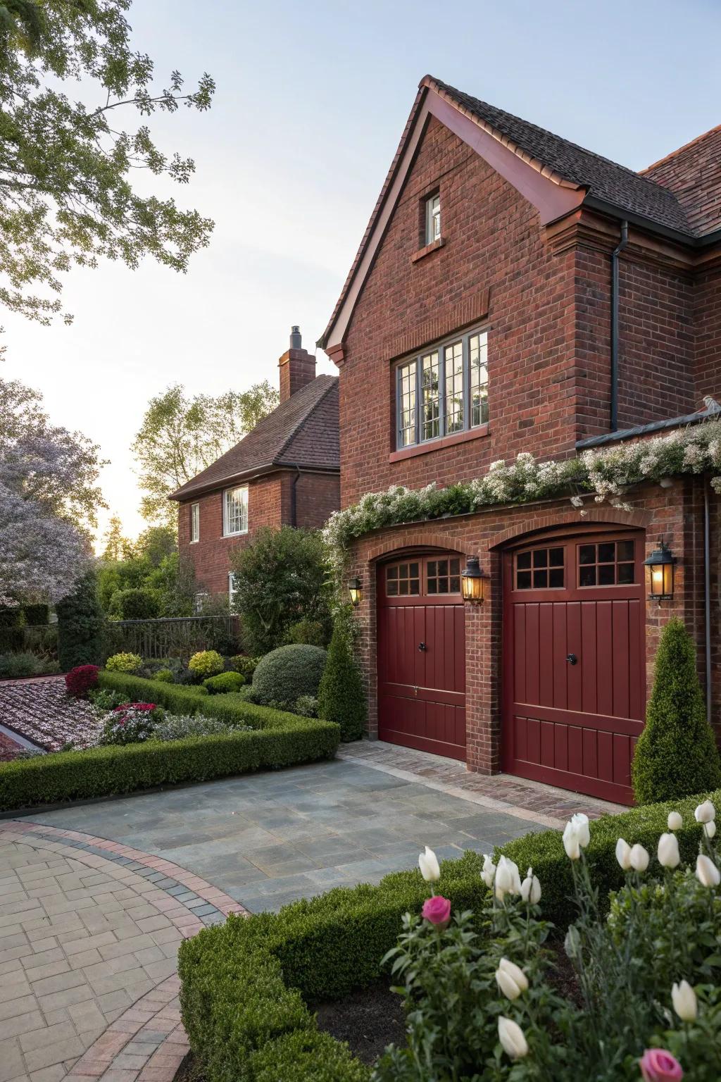 Burgundy garage doors give red brick houses a dramatic flair.