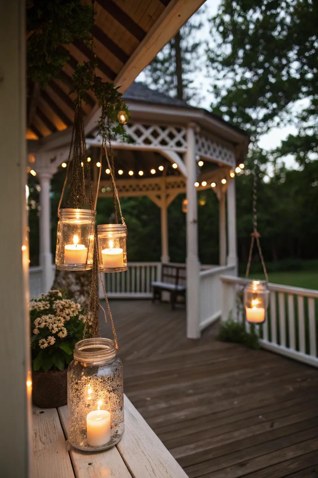 Mason jar lights add a rustic charm to any gazebo.