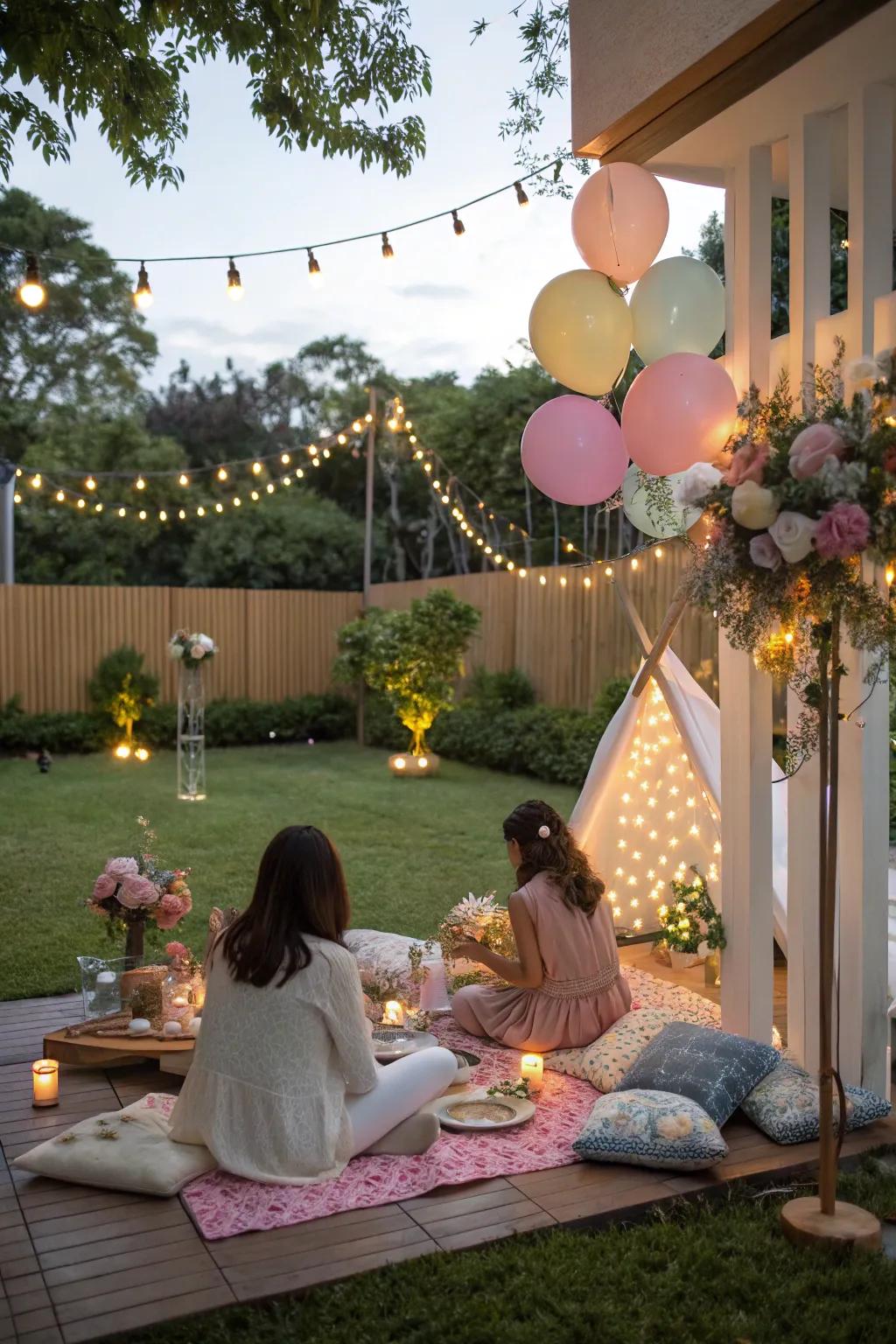 A chic outdoor party setup with comfortable floor seating for a relaxed celebration.