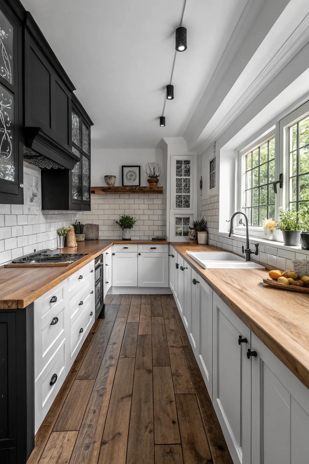 Warm wood accents add texture to this black and white kitchen.