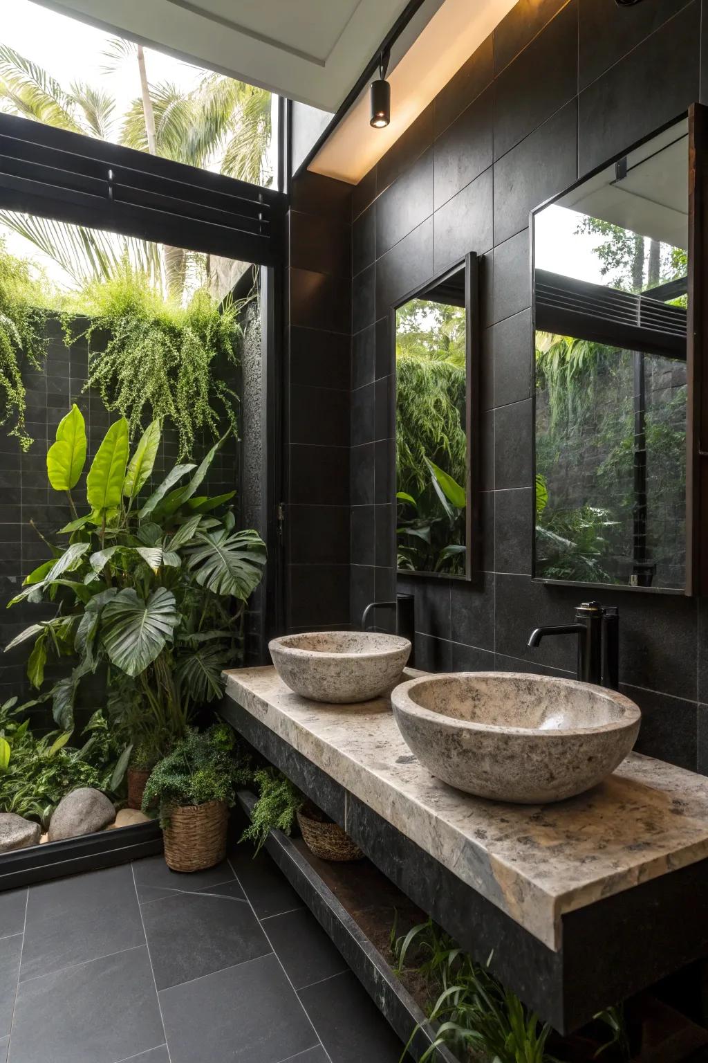 Natural elements transform a black bathroom into a spa-like retreat.