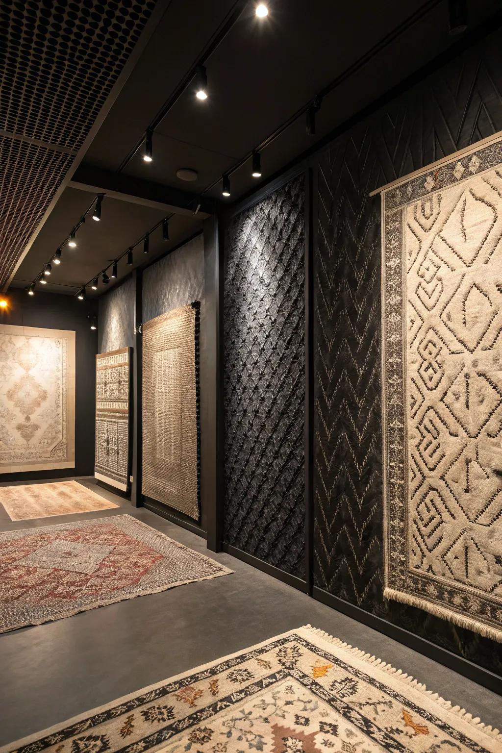 Textured wall coverings and patterned rugs add depth to a dark-toned room.