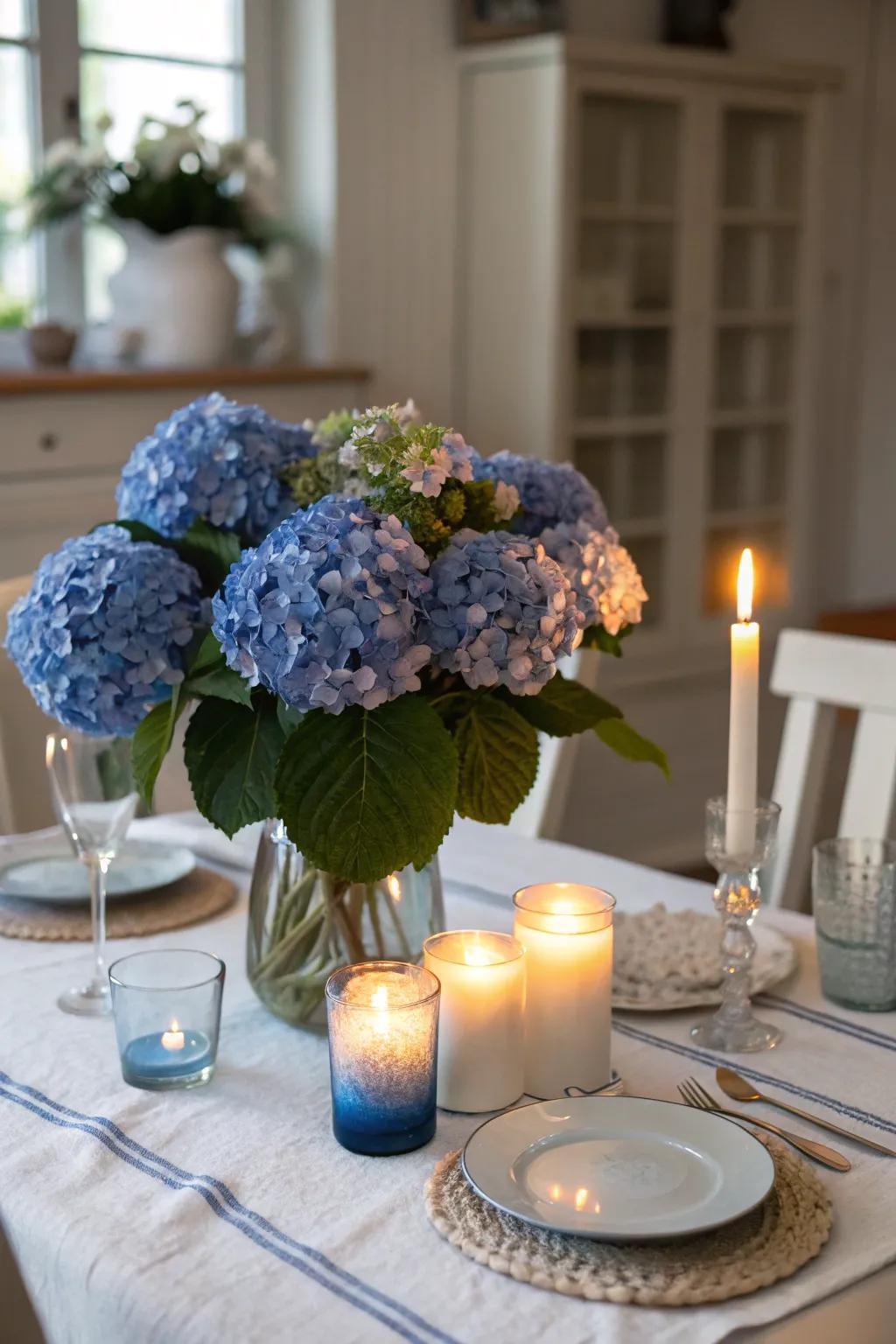 Candlelight heightens the romantic charm of azure hydrangeas.