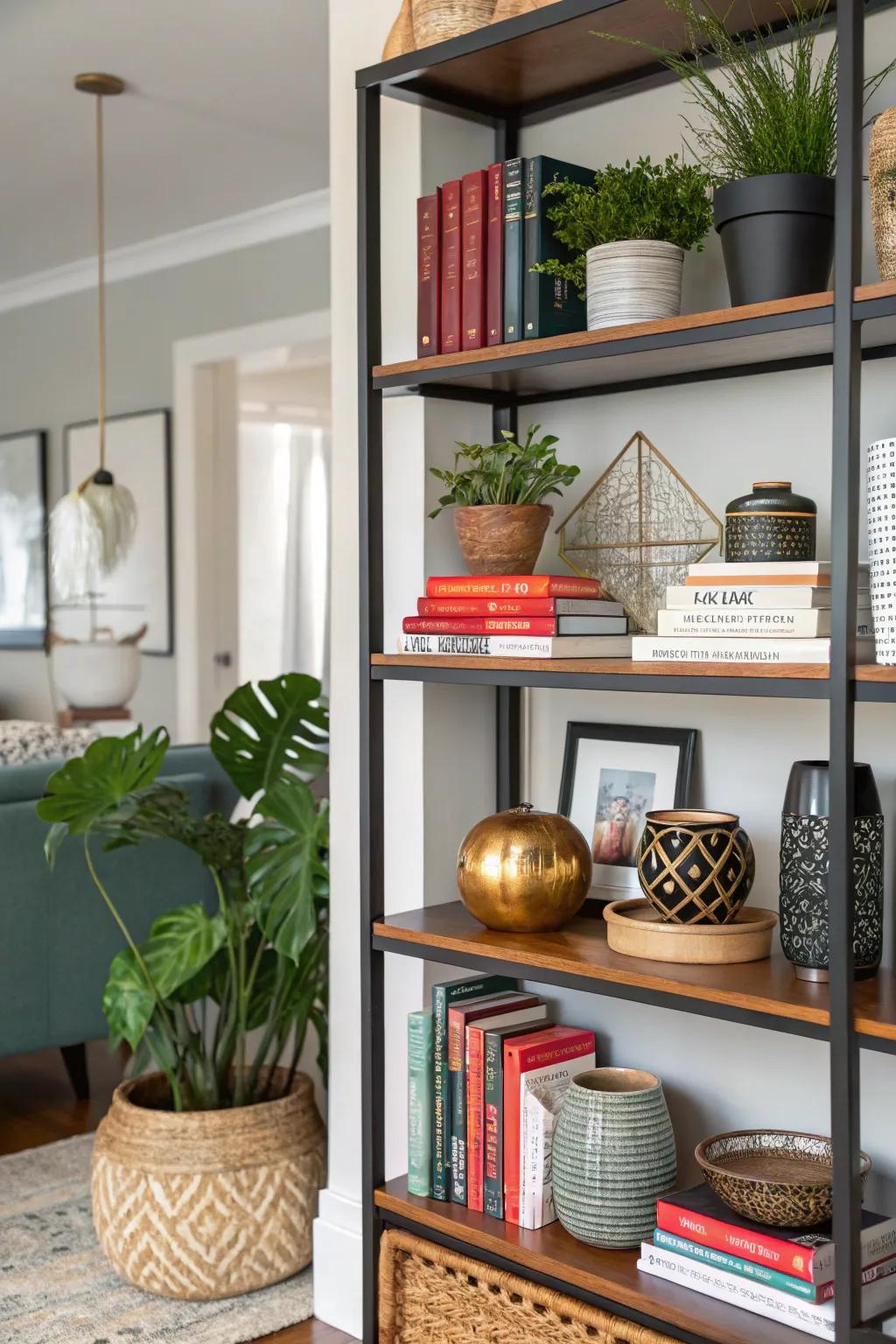 Mix eclectic and modern styles for a unique bookcase look.