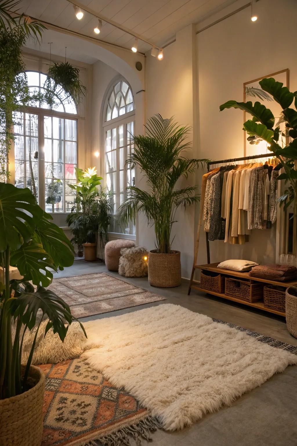 A boutique interior featuring inviting components like plush rugs and vibrant plants for added warmth.